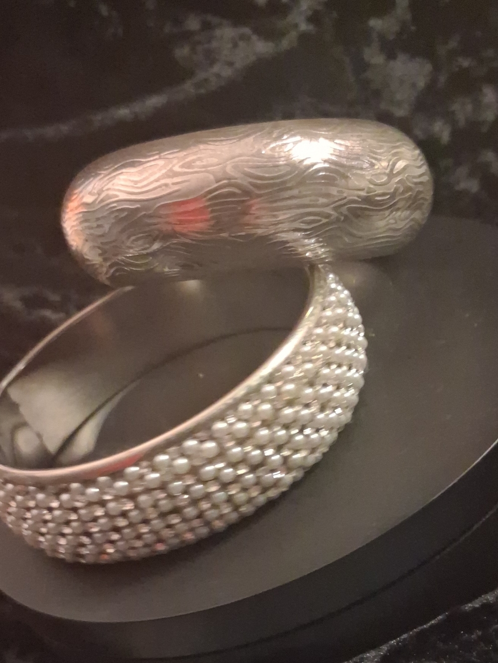Vintage Silver-Tone Textured and Crystal Pave Bangle Bracelet Set - Vintage